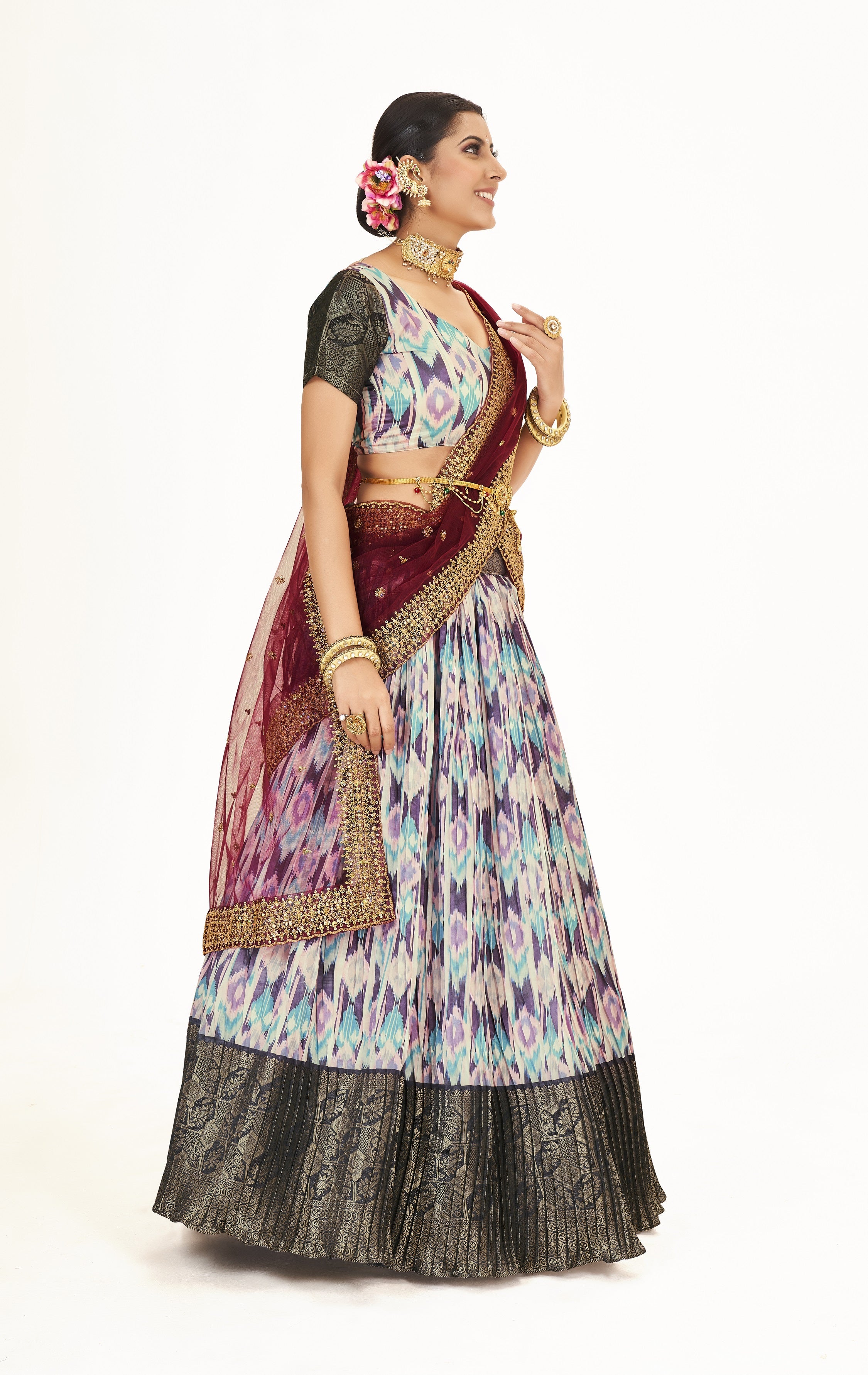 Marvelous Multicolor Digital Print And Weaving Work Banarasi Silk Pattu Half Saree Lehenga Choli
