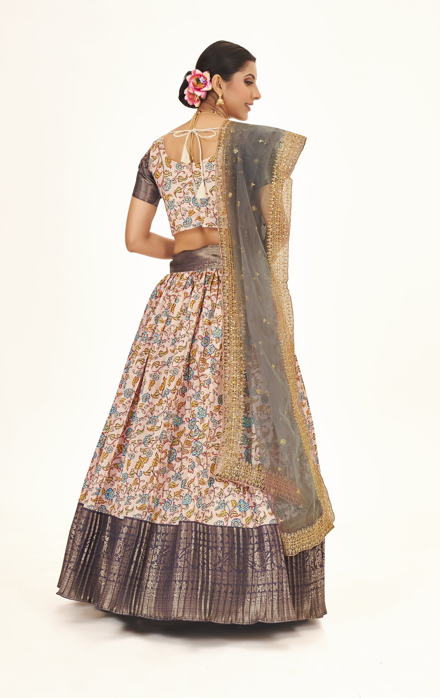 Light Peach & Purple Weaving Work Floral Printed Banarasi Silk Half Saree Lehenga Choli