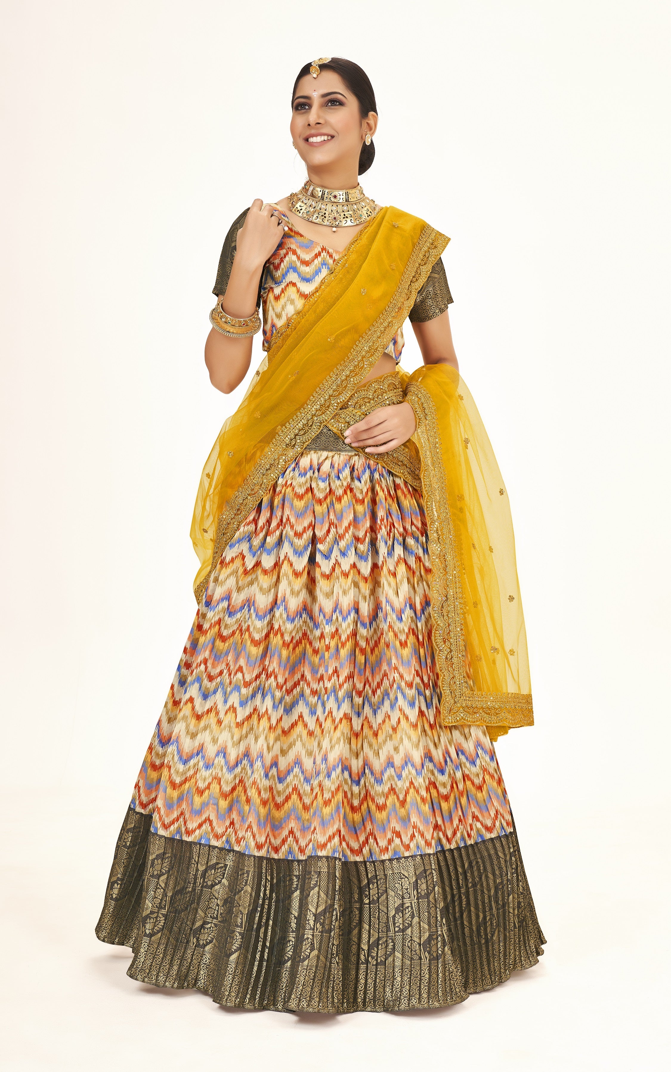 Latest Trending Multicolor Weaving Work And Digital Printed Banarasi Pattu Half Saree Lehenga Choli