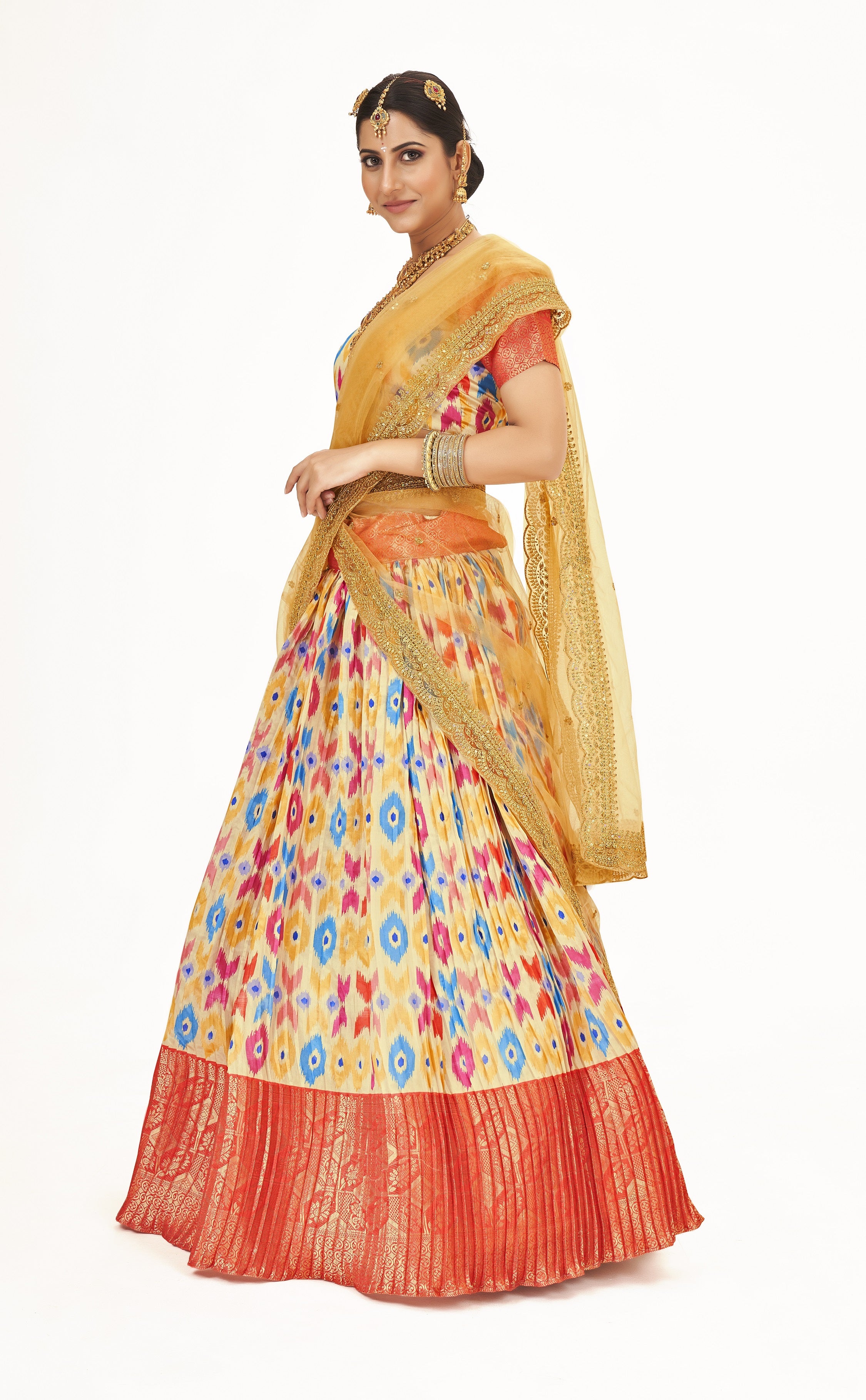 Beautiful Yellow & Red Weaving Work Litchi Banarasi Silk Pattu Half Saree Lehenga