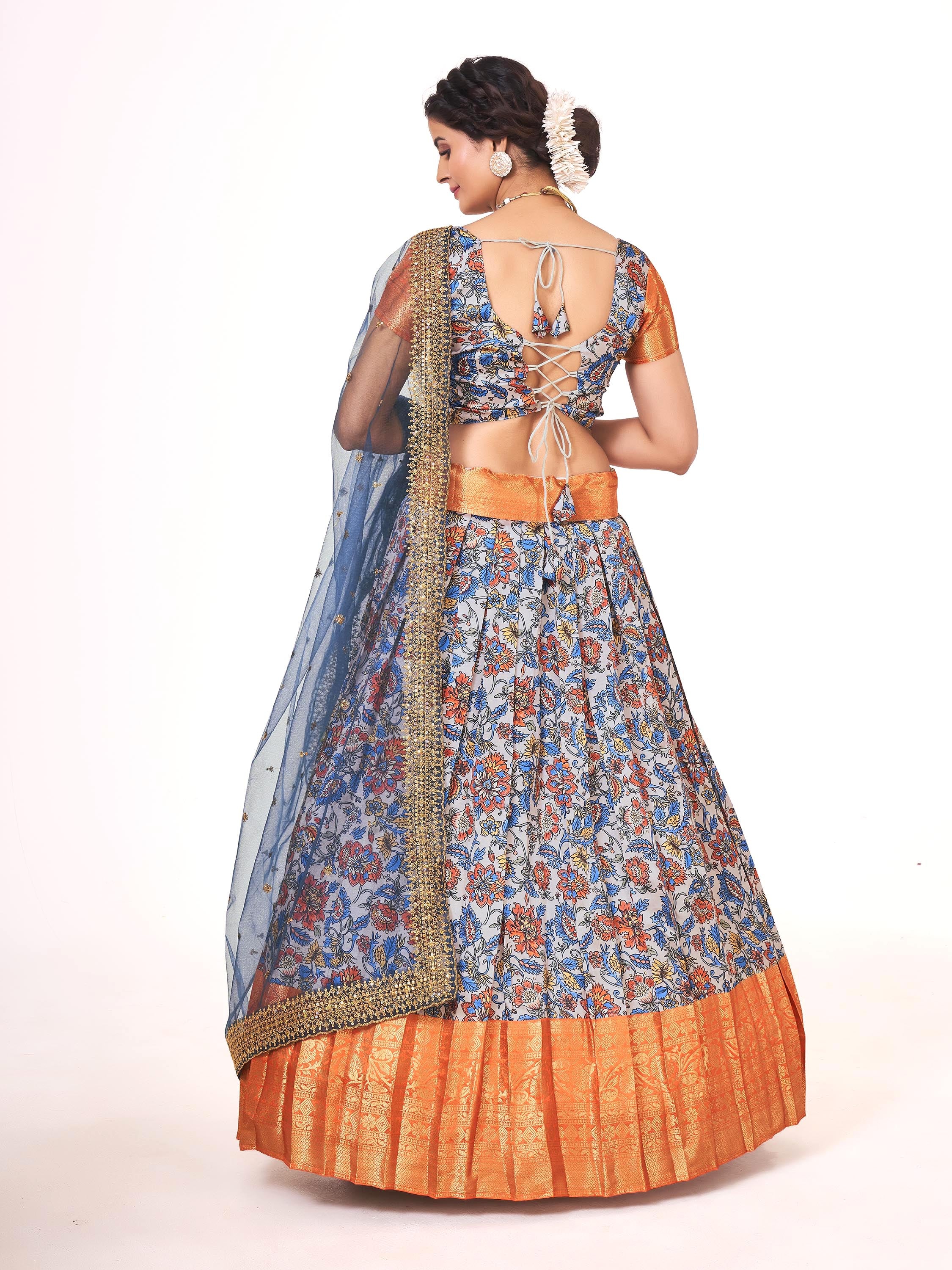 Light Grey & Orange Weaving Work and Floral Printed Banarasi Silk Pattu Half Saree
