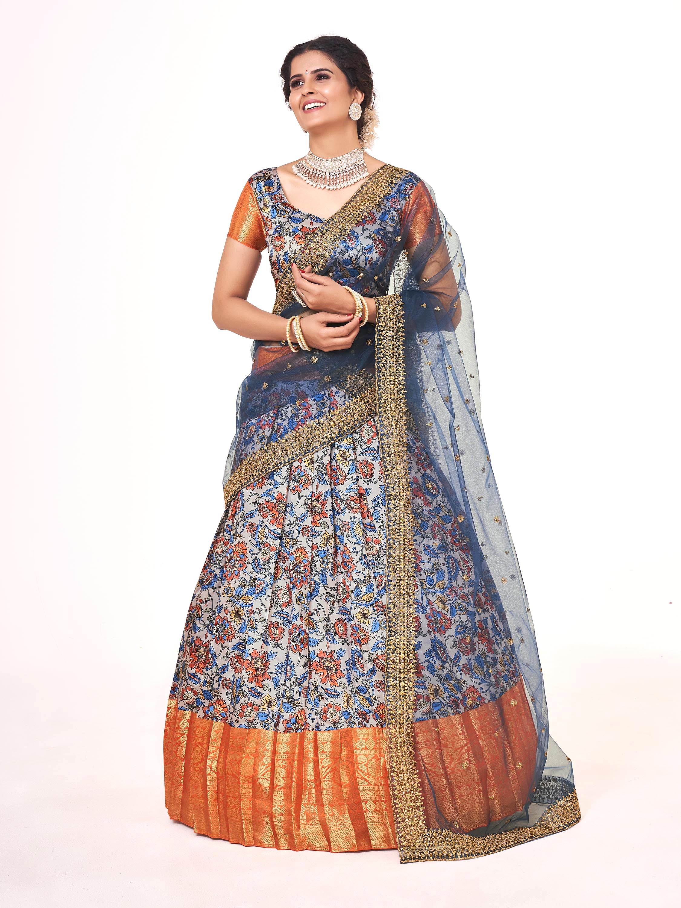 Light Grey & Orange Weaving Work and Floral Printed Banarasi Silk Pattu Half Saree