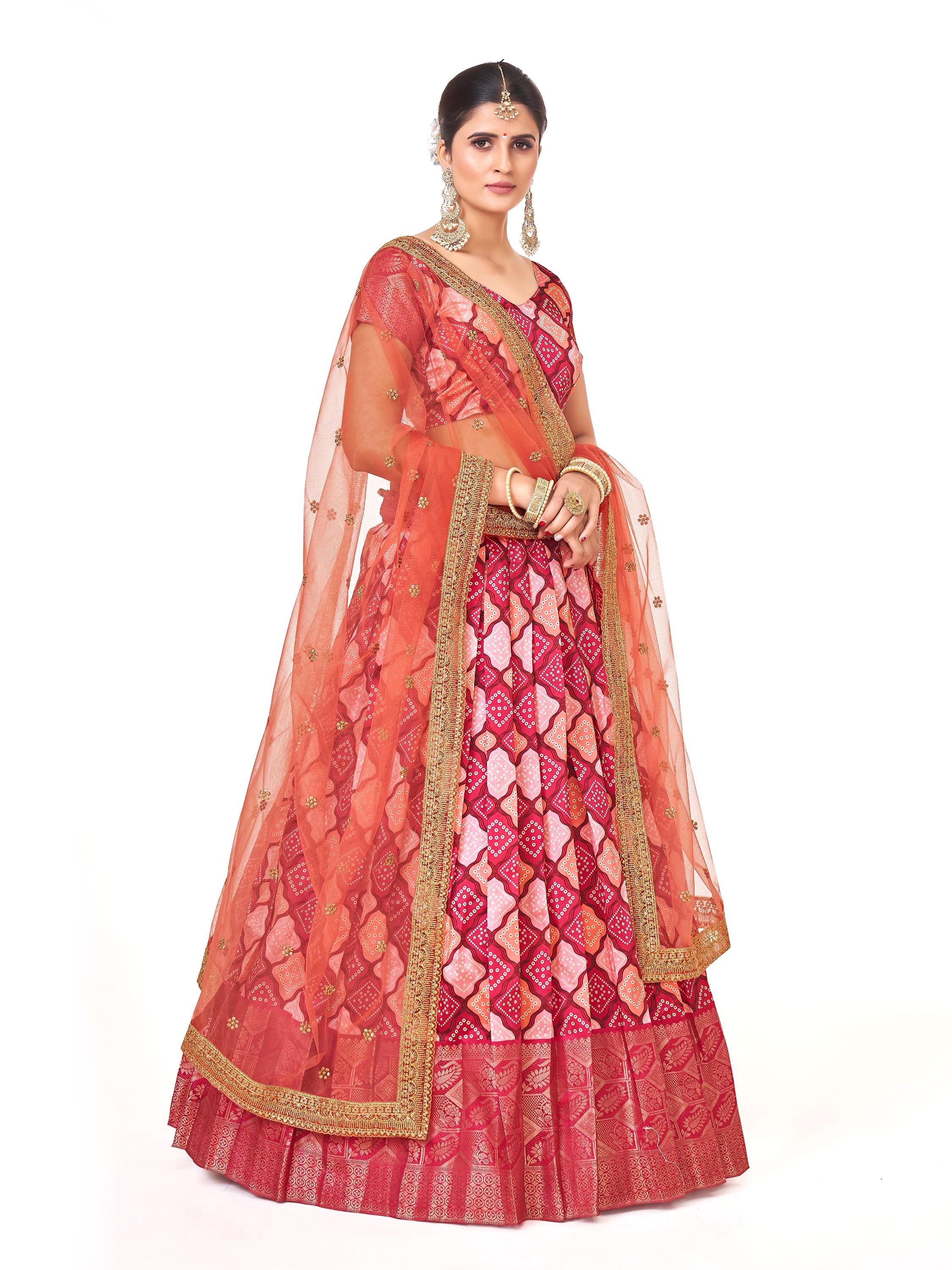 Traditional Pink Weaving Work And Digital Printed Banarasi Pattu Half Saree Lehenga Choli