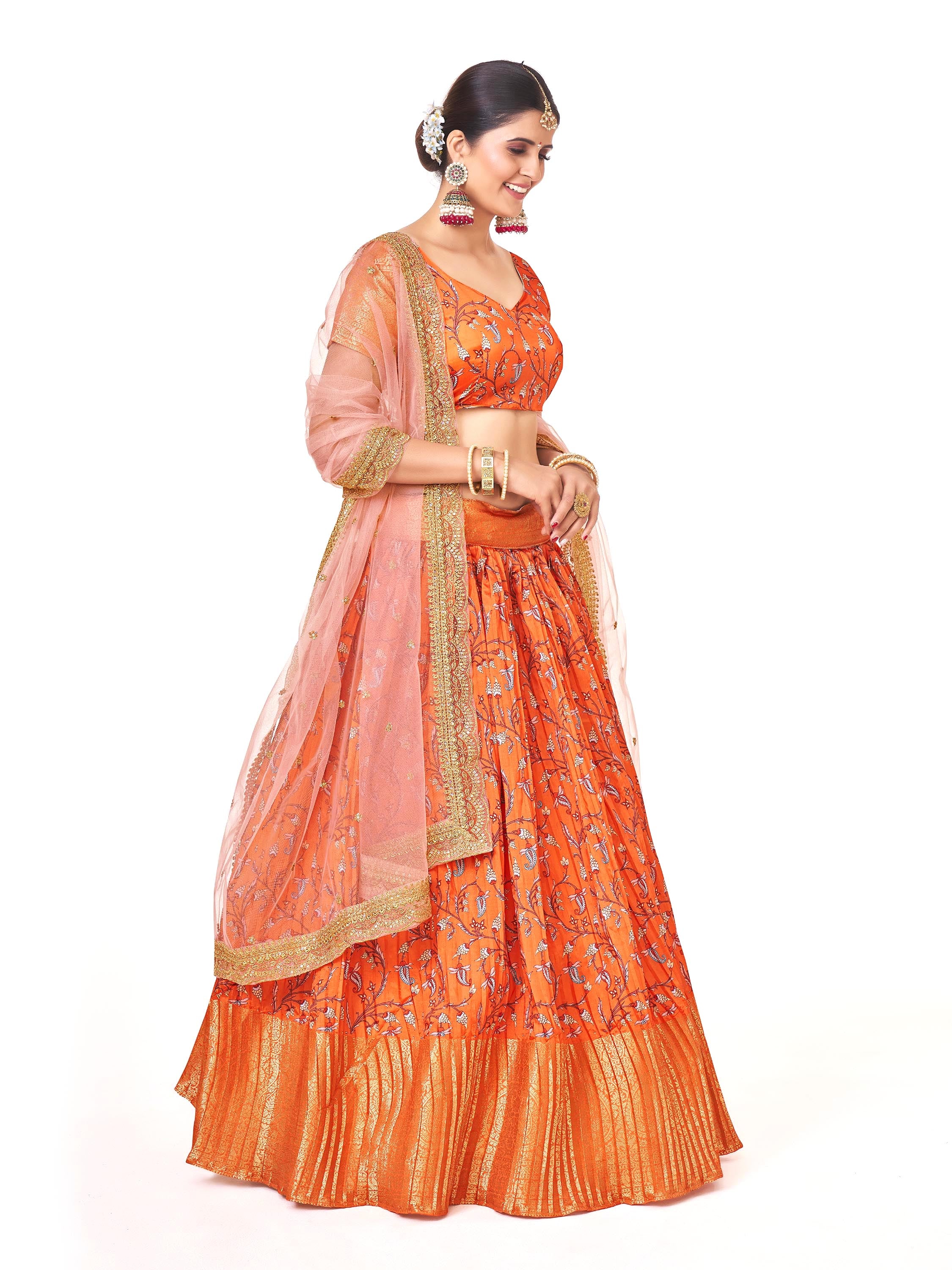Orange Floral With Banarasi Jari Border Half Saree With Langa Davani