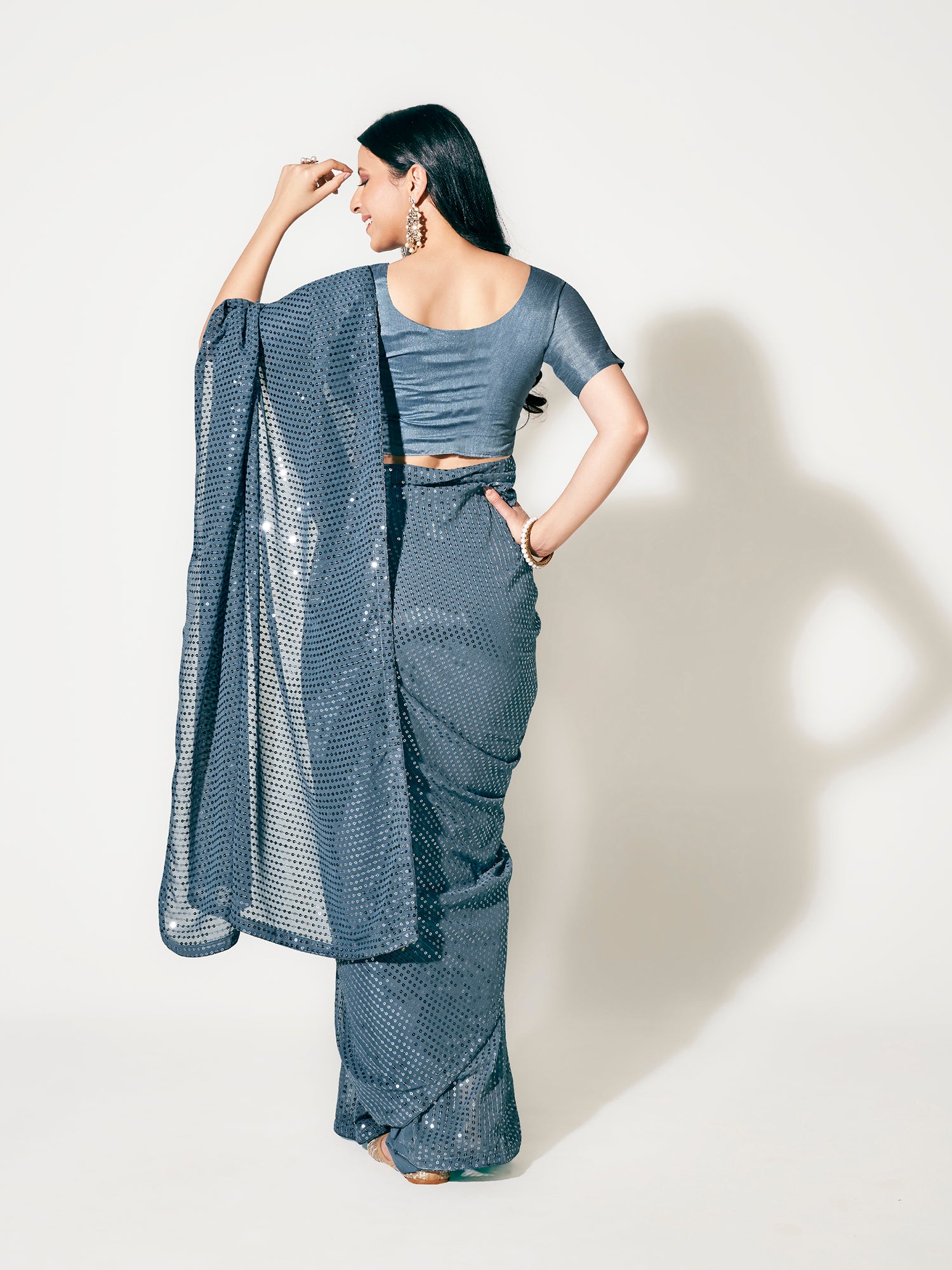 Grey Color Sequins Work Party Wear Designer Saree