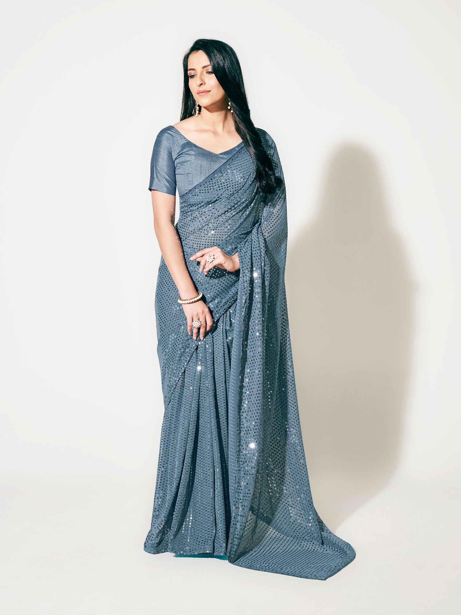 Grey Color Sequins Work Party Wear Designer Saree