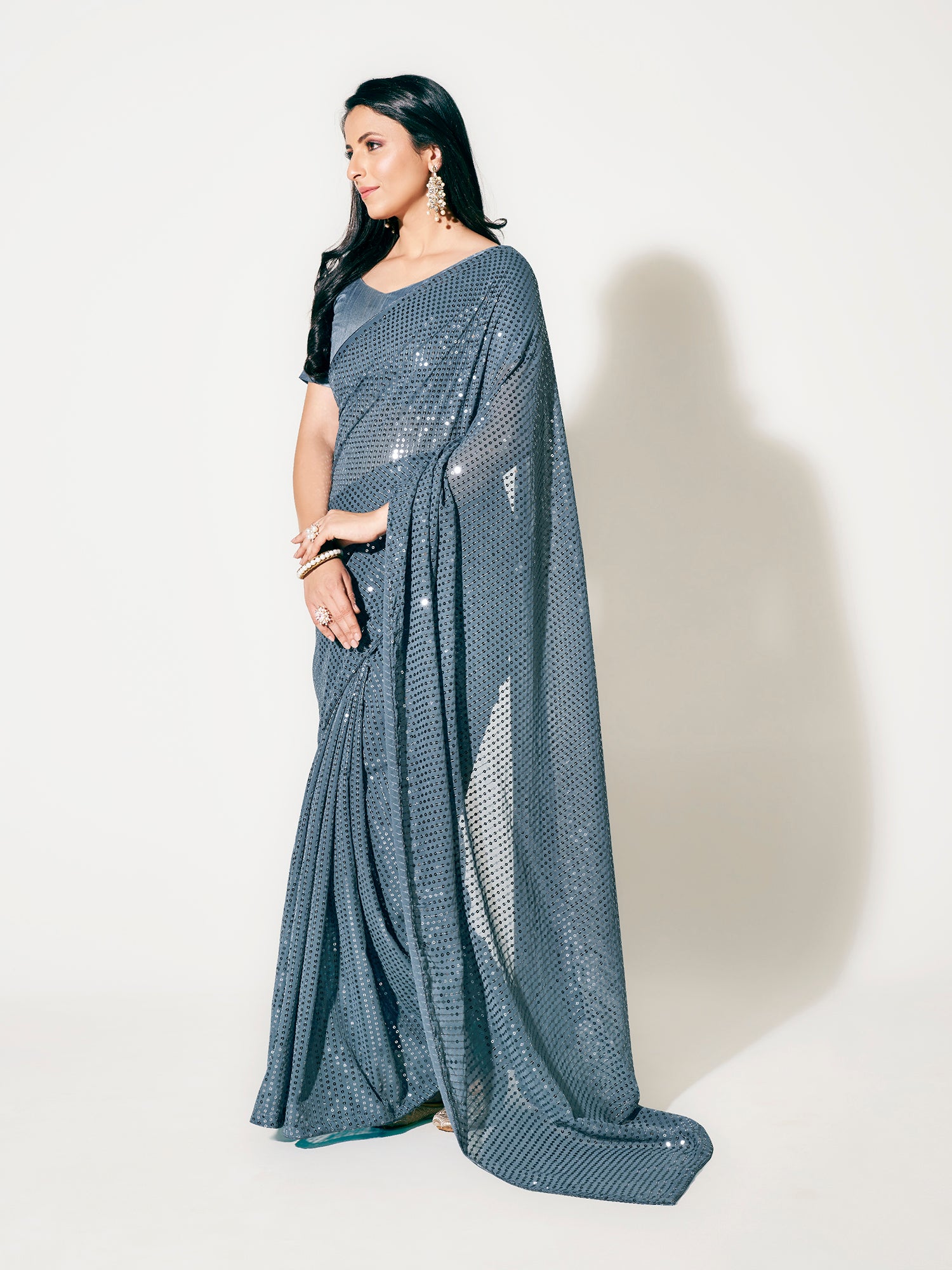 Grey Color Sequins Work Party Wear Designer Saree