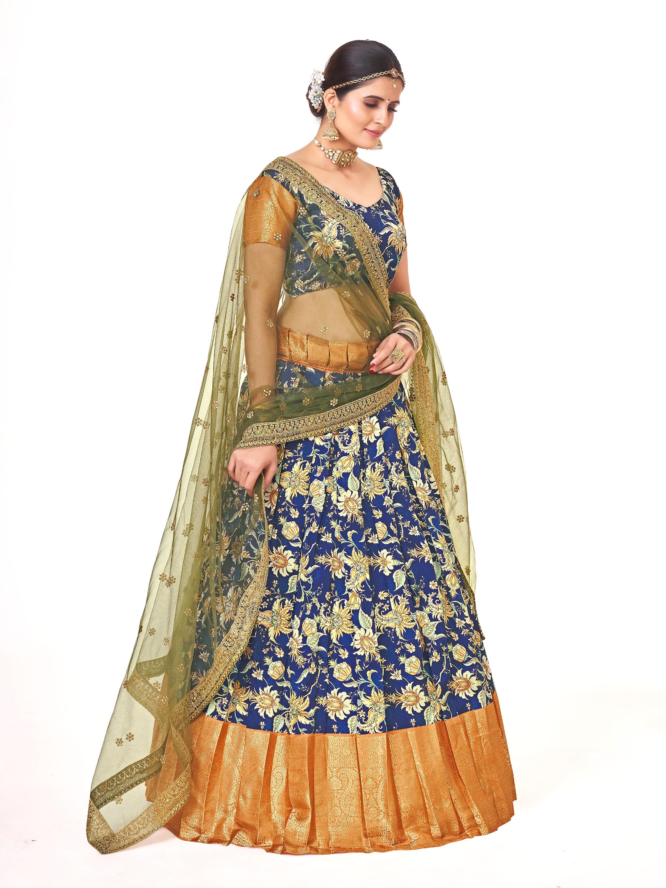 Navy Blue & Golden Weaving Work and Floral Printed Banarasi Silk Pattu Half Saree