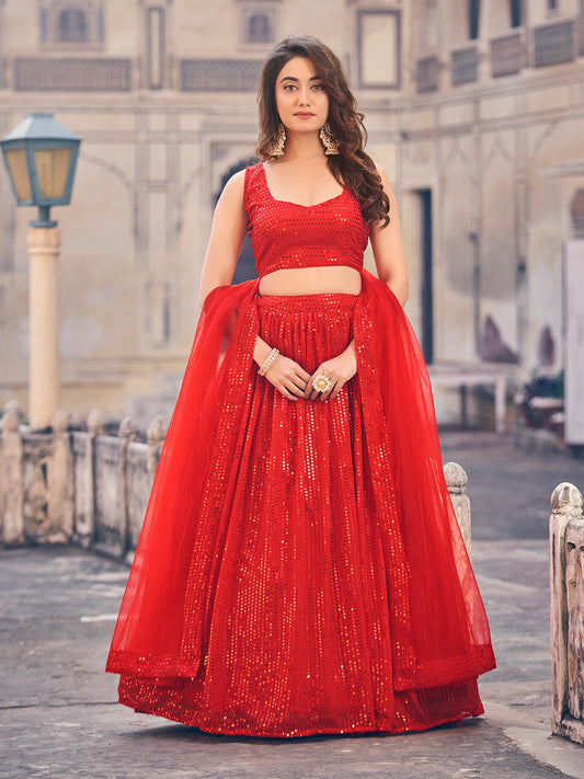 Premium Red Color Sequined Georgette Party Wear lehenga Choli