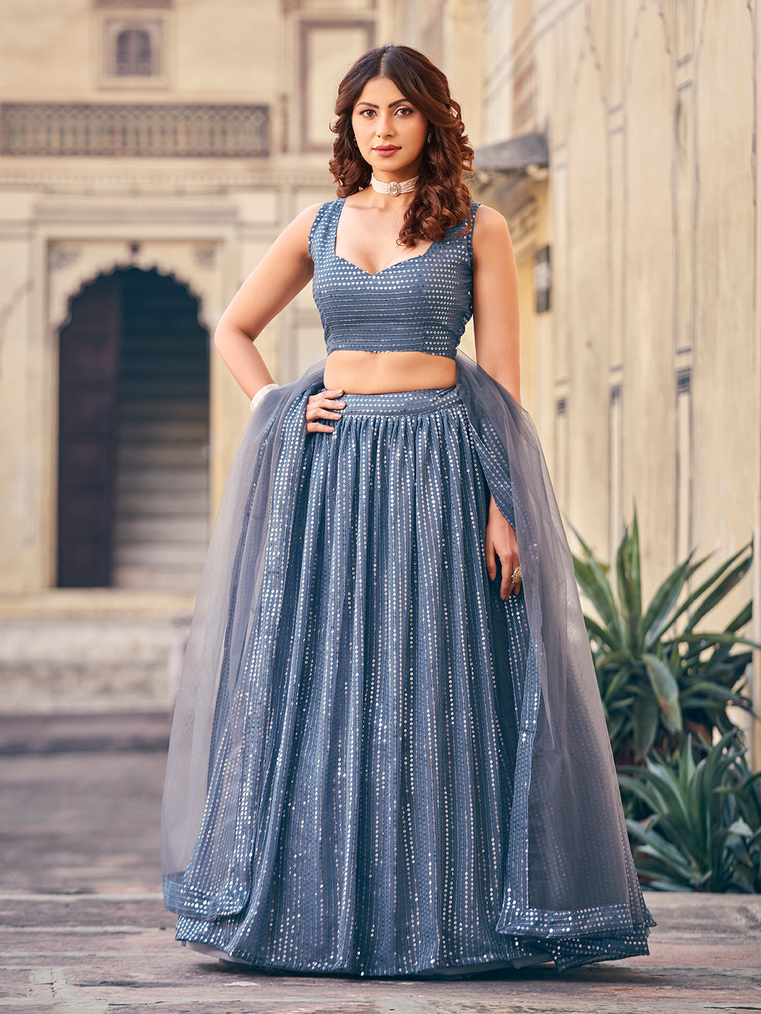 Glamorous Gray Color Georgette Sequence Party Wear Lehenga Choli Set