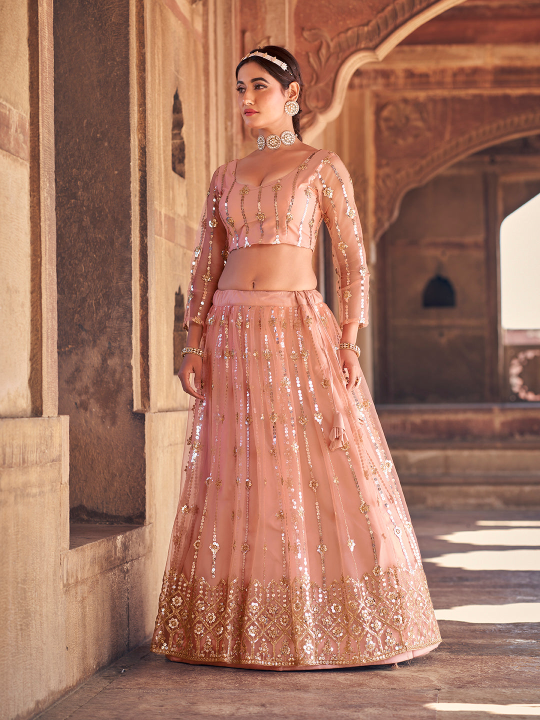 Lovely Peach Color Sequence Embroidered Soft Net Lehenga Choli Set For Women