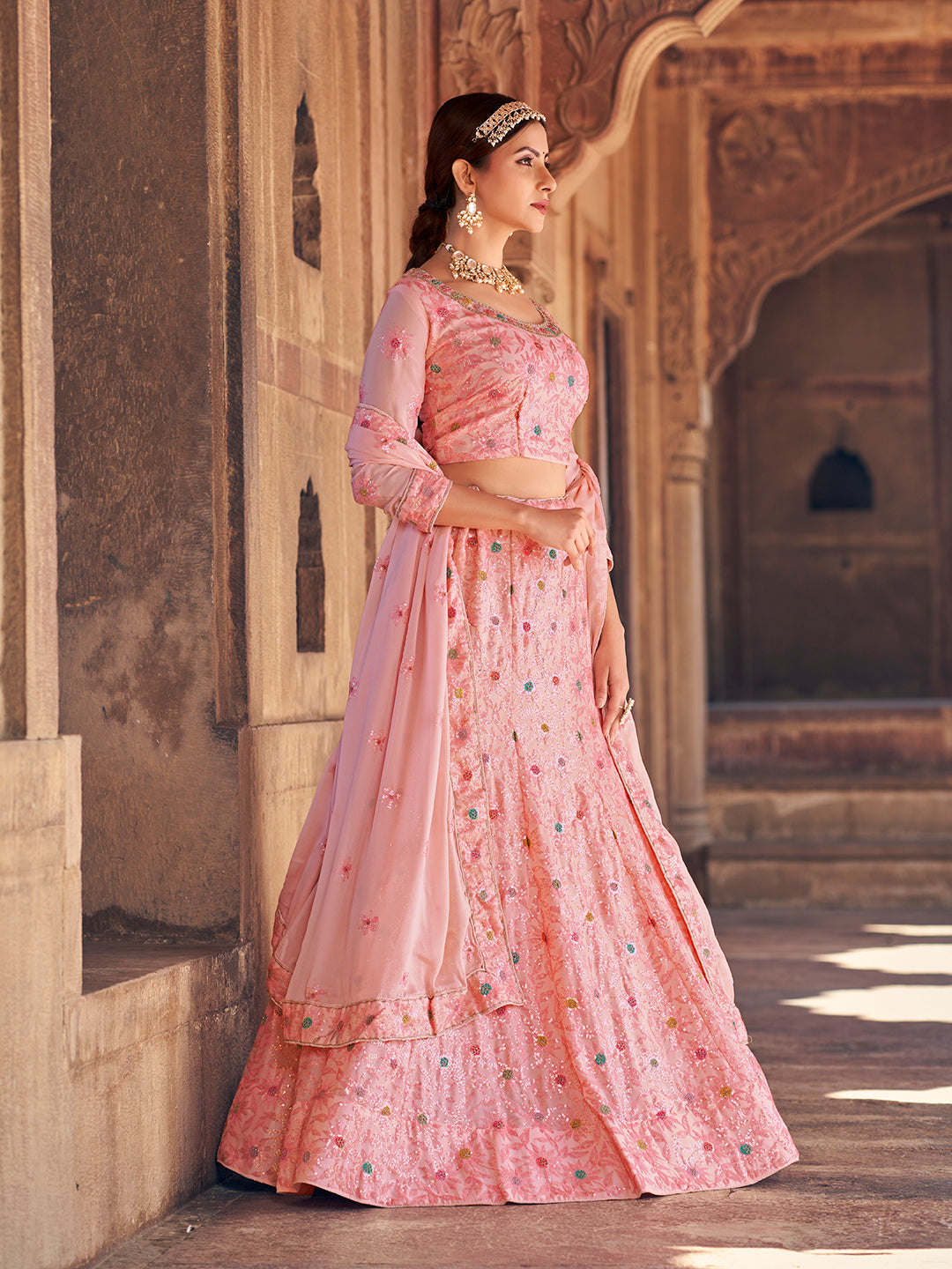 Pink Color Georgette Thread Work Lehenga Choli Set For Women