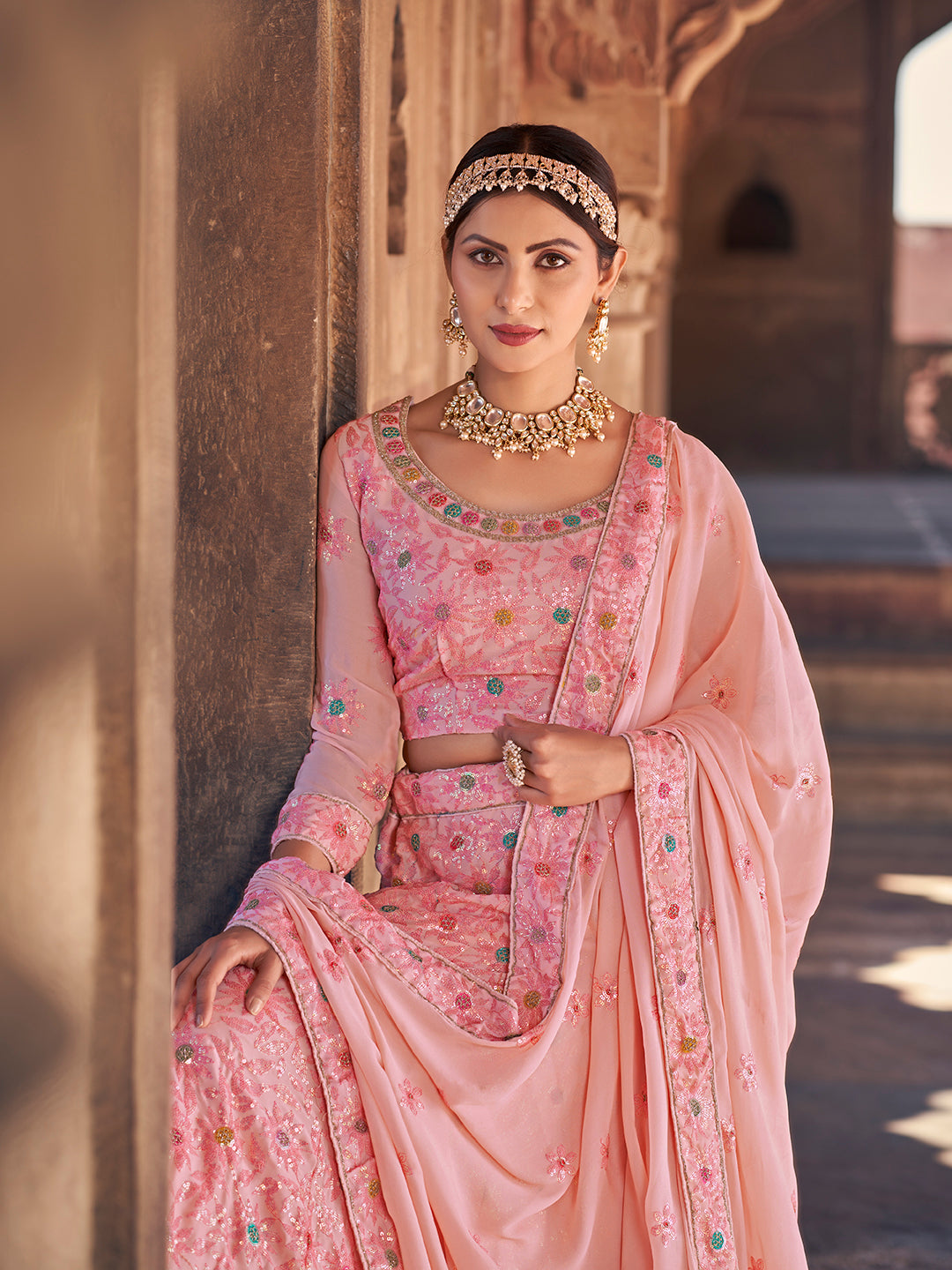 Pink Color Georgette Thread Work Lehenga Choli Set For Women
