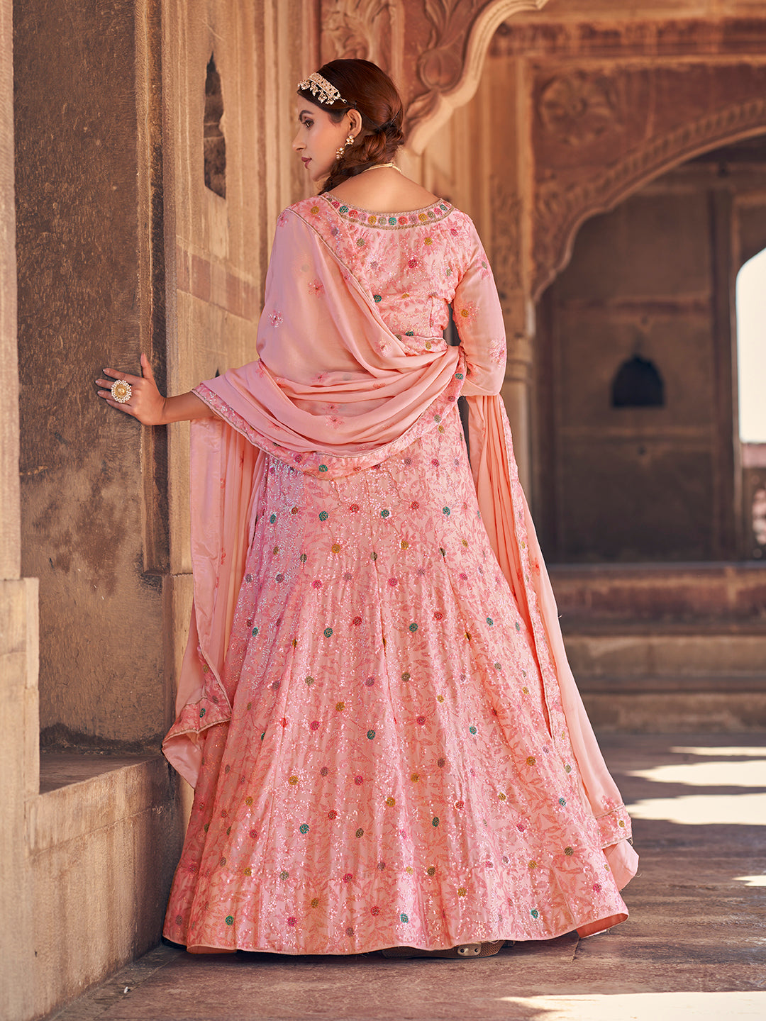 Pink Color Georgette Thread Work Lehenga Choli Set For Women