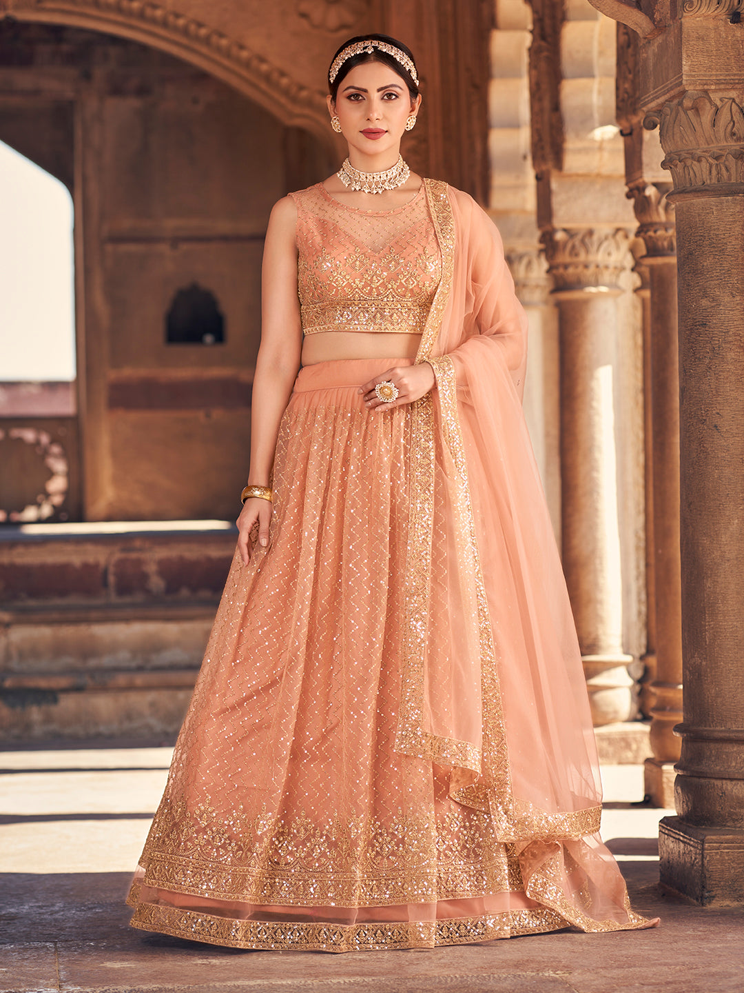Elegant Peach Net Golden Embroidered Wedding Wear Lehenga Choli Set For Women