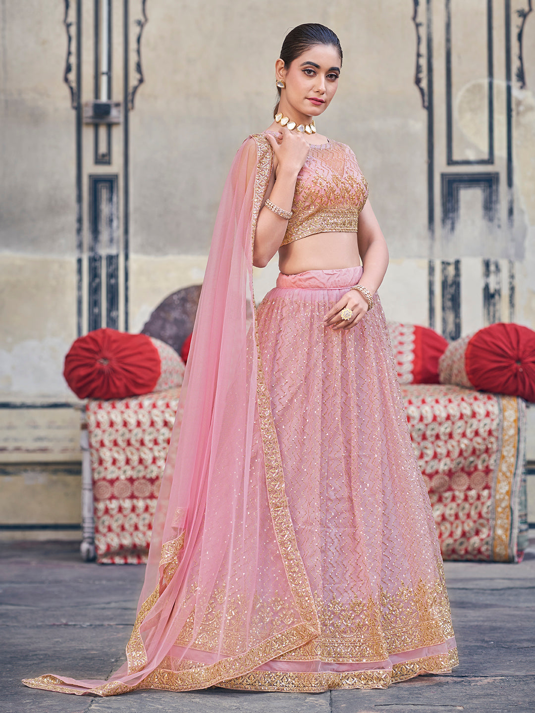 Pink Blush Soft Net Golden Embroidered EidSpecial Lehenga Choli Set