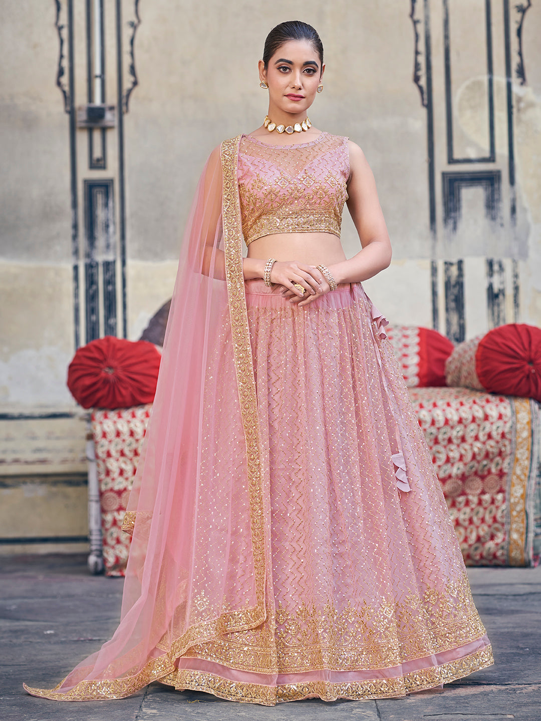 Pink Blush Soft Net Golden Embroidered EidSpecial Lehenga Choli Set