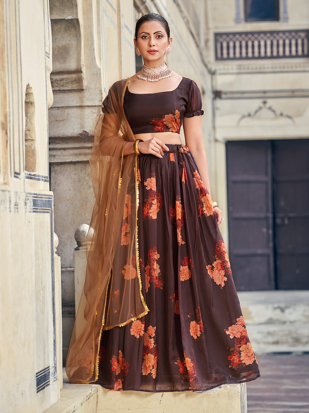 Delightful Brown Floral Printed Organza Semi Stitched lehenga Choli Set For Women