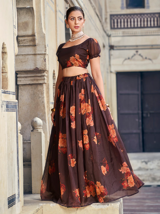 Delightful Brown Floral Printed Organza Semi Stitched lehenga Choli Set For Women