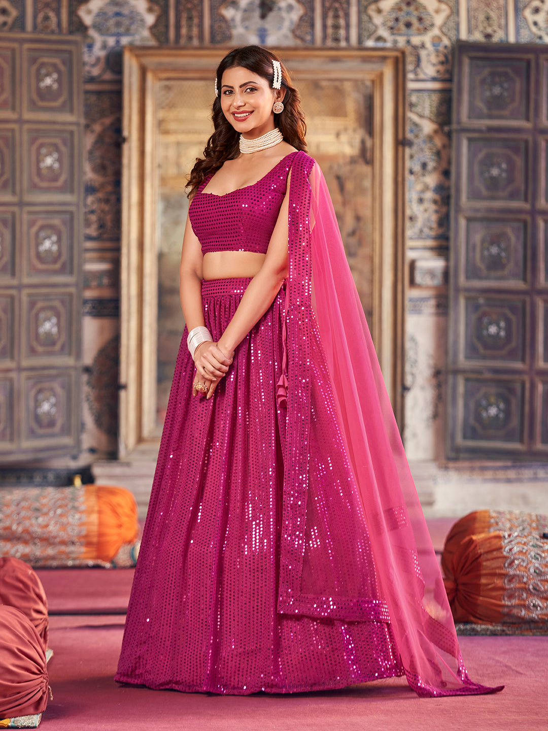 Rani Pink Georgette Sequence Embroidered Party Wear Lehenga Choli