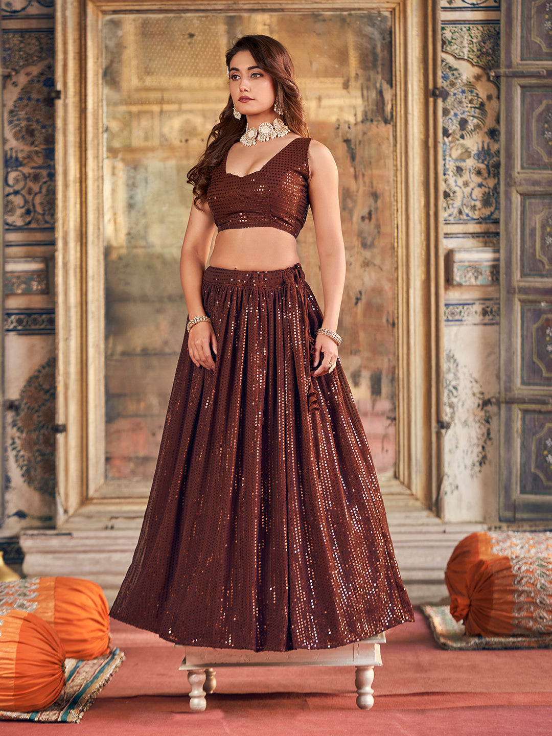Brown Sequence Embroidered Georgette Party Wear Lehenga Choli