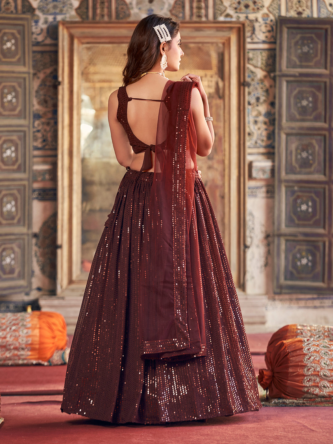 Brown Sequence Embroidered Georgette Party Wear Lehenga Choli