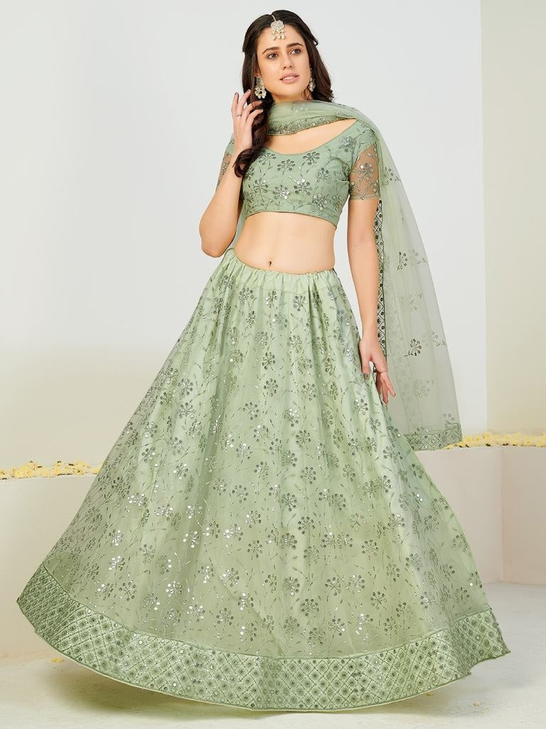 Admiring Sea Green And Silver Sequins Sangeet Special Lehenga Blouse With Dupatta