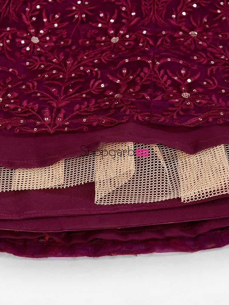 Admiring Wine Color Designer Soft Net Sequins Work