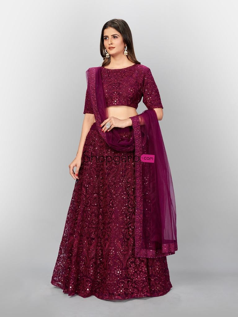 Admiring Wine Color Designer Soft Net Sequins Work