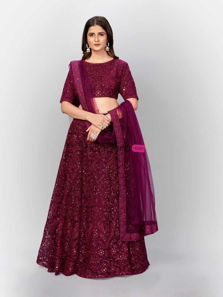 Admiring Wine Color Designer Soft Net Sequins Work