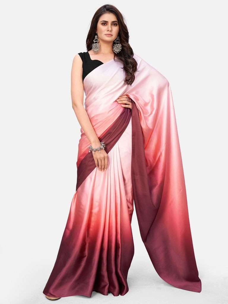 Awesome Pink And Burgundy Satin Ready To Wear Saree