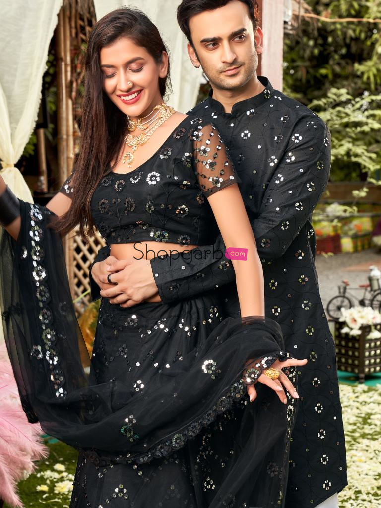 Black Colored Soft Net Sequins Embroidered Couple Wear Set
