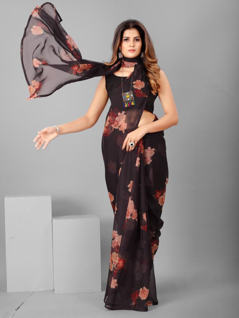 Brown And Peach Organza Floral Printed Latest Saree
