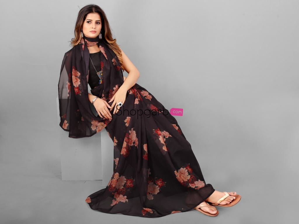 Brown And Peach Organza Floral Printed Latest Saree