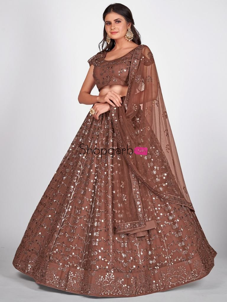 Brown & Silver-Toned Semi-Stitched Lehenga Unstitched Blouse With Dupatta