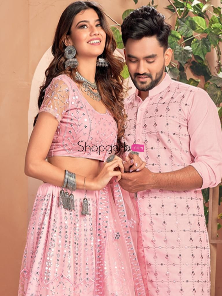 Bubblegum Pink Soft Net Sequins Lehenga Choli Or Kurta Couple Set