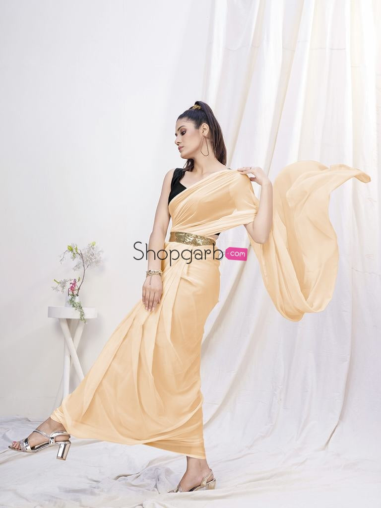 Classy Cream Pre-Stitched Blended Silk Saree