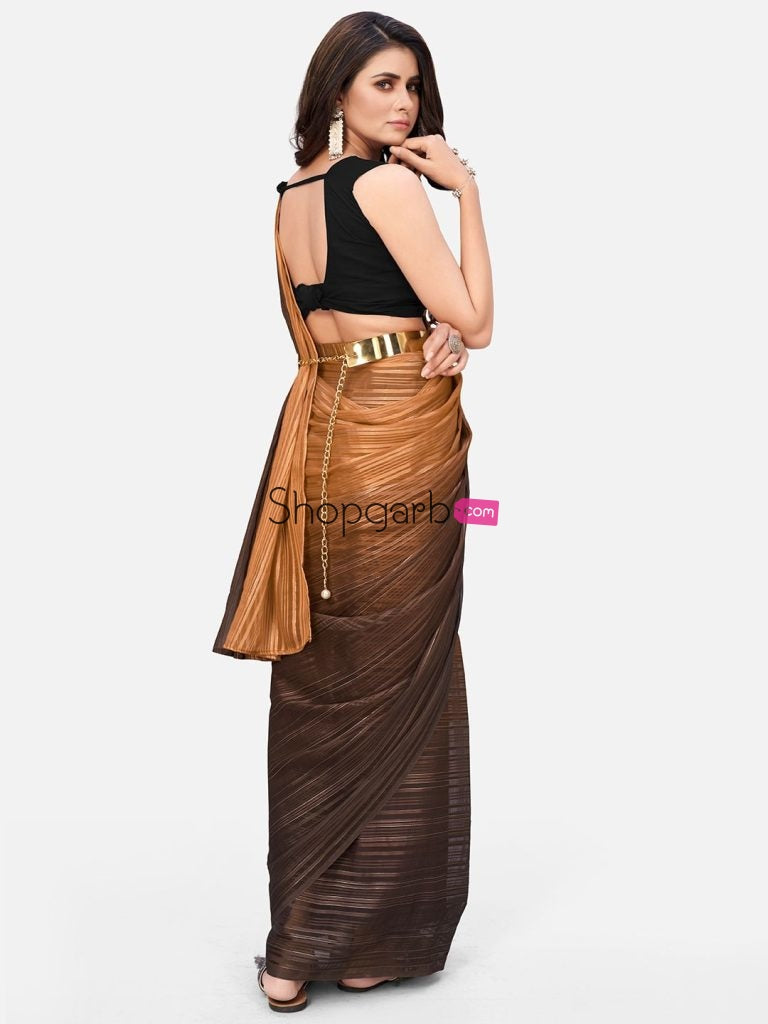 Coffee Brown And Beige Ready To Wear Saree With Belt