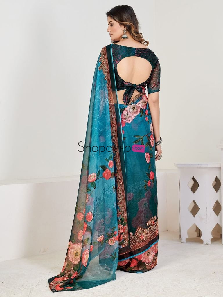Delightful Teal Georgette Printed Casual Wear Saree With Blouse