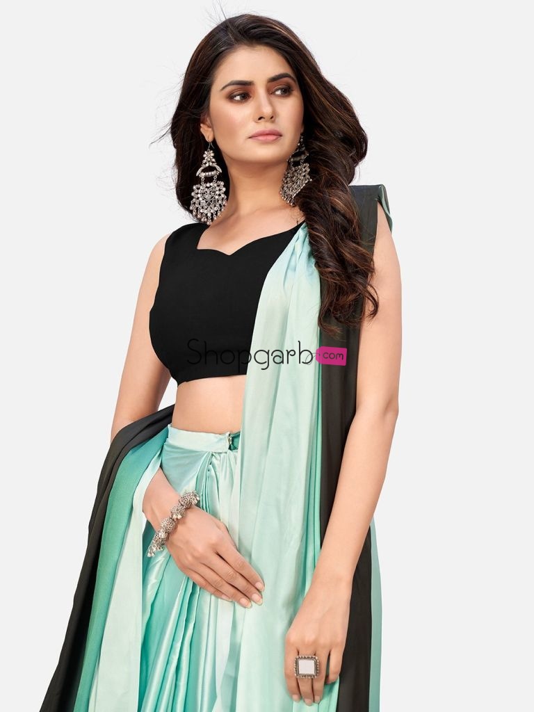 Distinctive Sea Green And Black Ready To Wear Saree