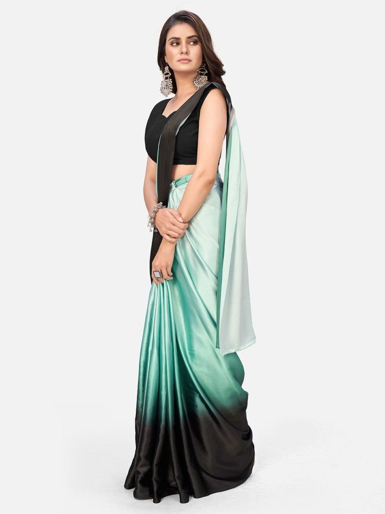 Distinctive Sea Green And Black Ready To Wear Saree