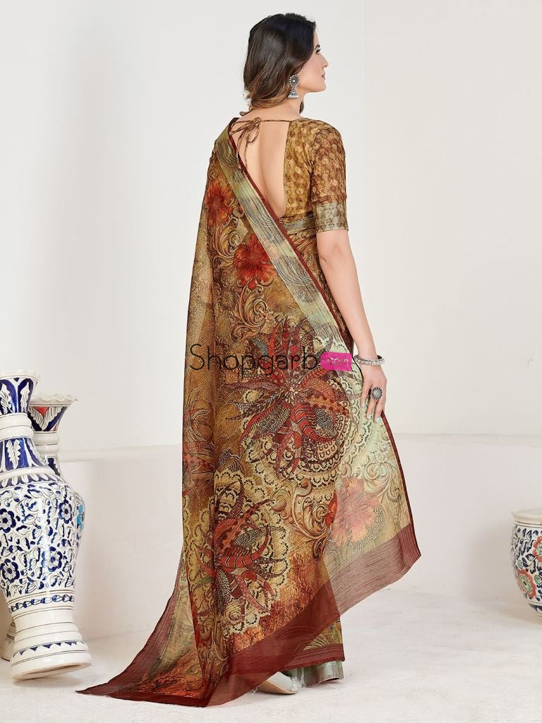 Exquisite Brown Linen Blend Block Print Casual Wear Saree