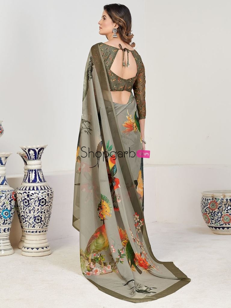 Georgeous Olive Georgette Printed Casual Wear Saree With Blouse
