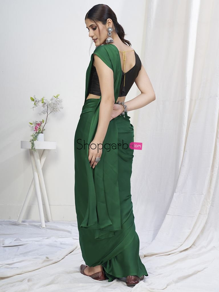 Grass Green Ready To Wear One Minute Lycra Saree
