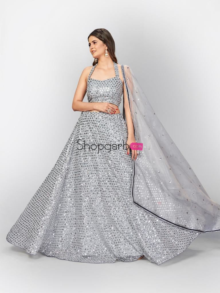 Grey Silver Toned Heavy Sequence Unstitched Lehenga Blouse With Dupatta