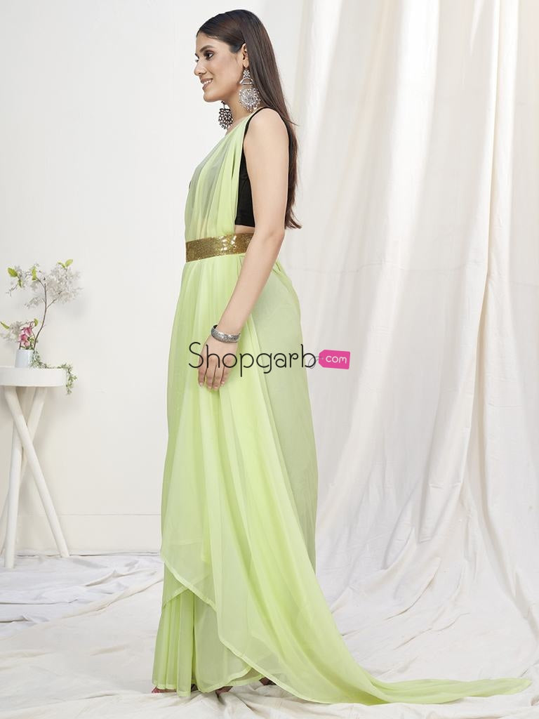 Light Fern Green Pre-Stitched Blended Silk Saree