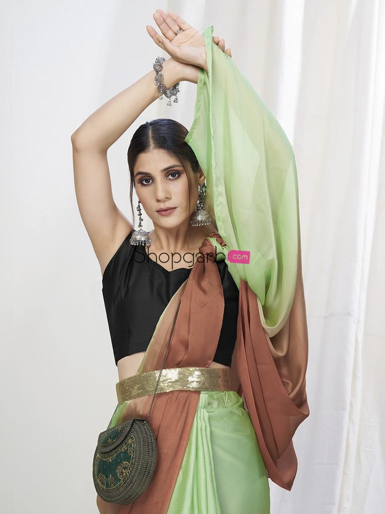Mint Green-Brown Ready To Wear One Minute Lycra Saree