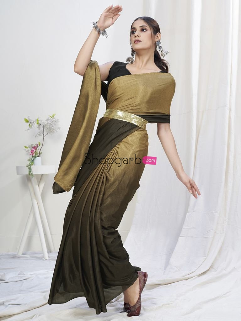Olive Green-Brown Ready To Wear One Minute Lycra Saree