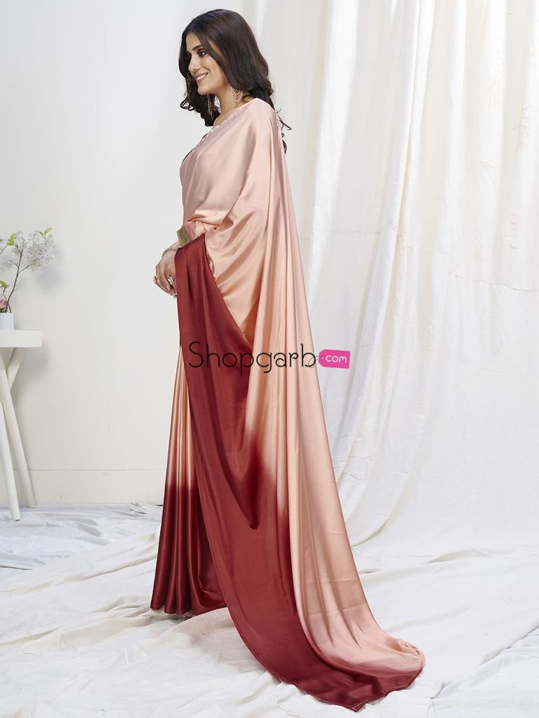 Pastel Peach-Maroon Ready To Wear One Minute Lycra Saree
