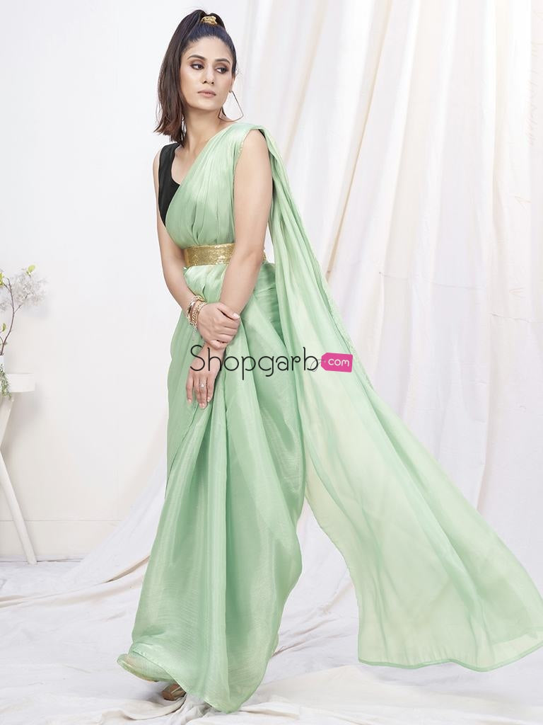 Pistachio Green Pre-Stitched Blended Silk Saree
